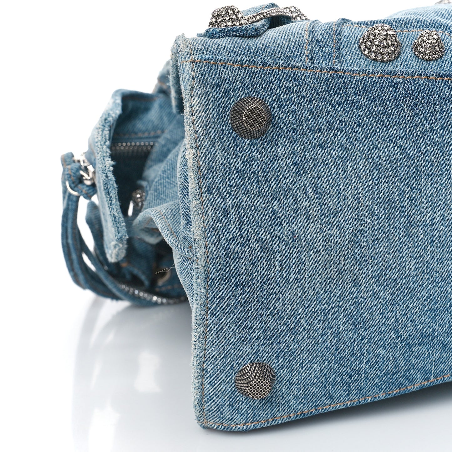 Washed Frayed Denim Crystal Neo Cagole City Handbag Blue