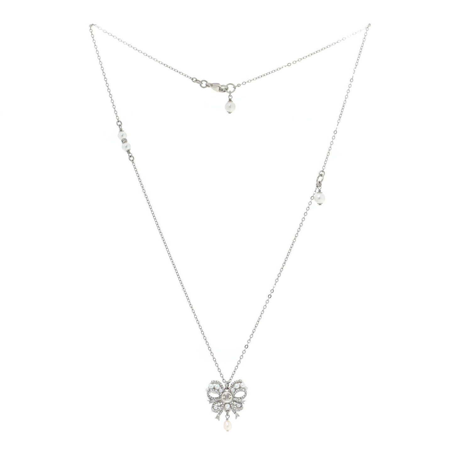 Crystal Pearl CC Bow Long Necklace Silver