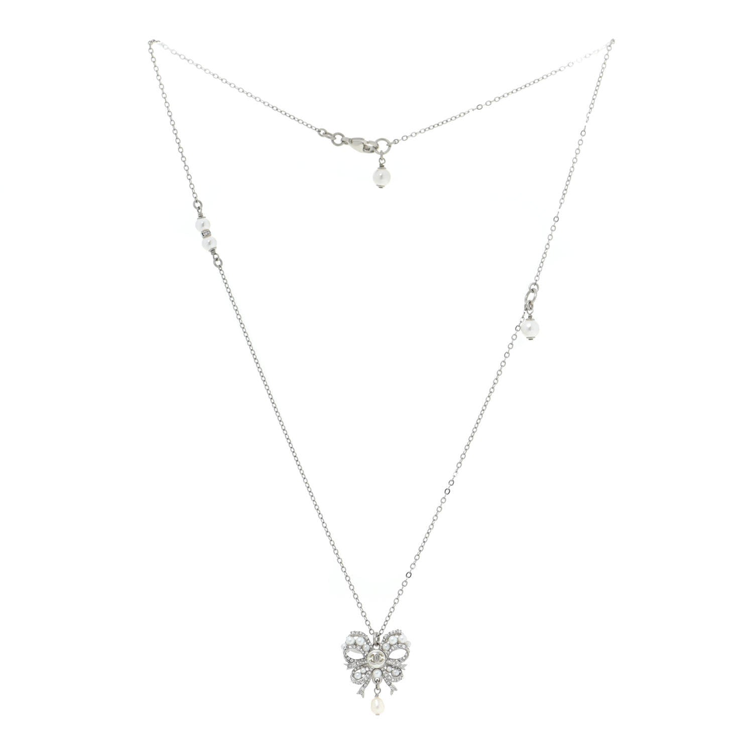 Chanel Crystal Pearl CC Bow Long Necklace Silver 3 of 6