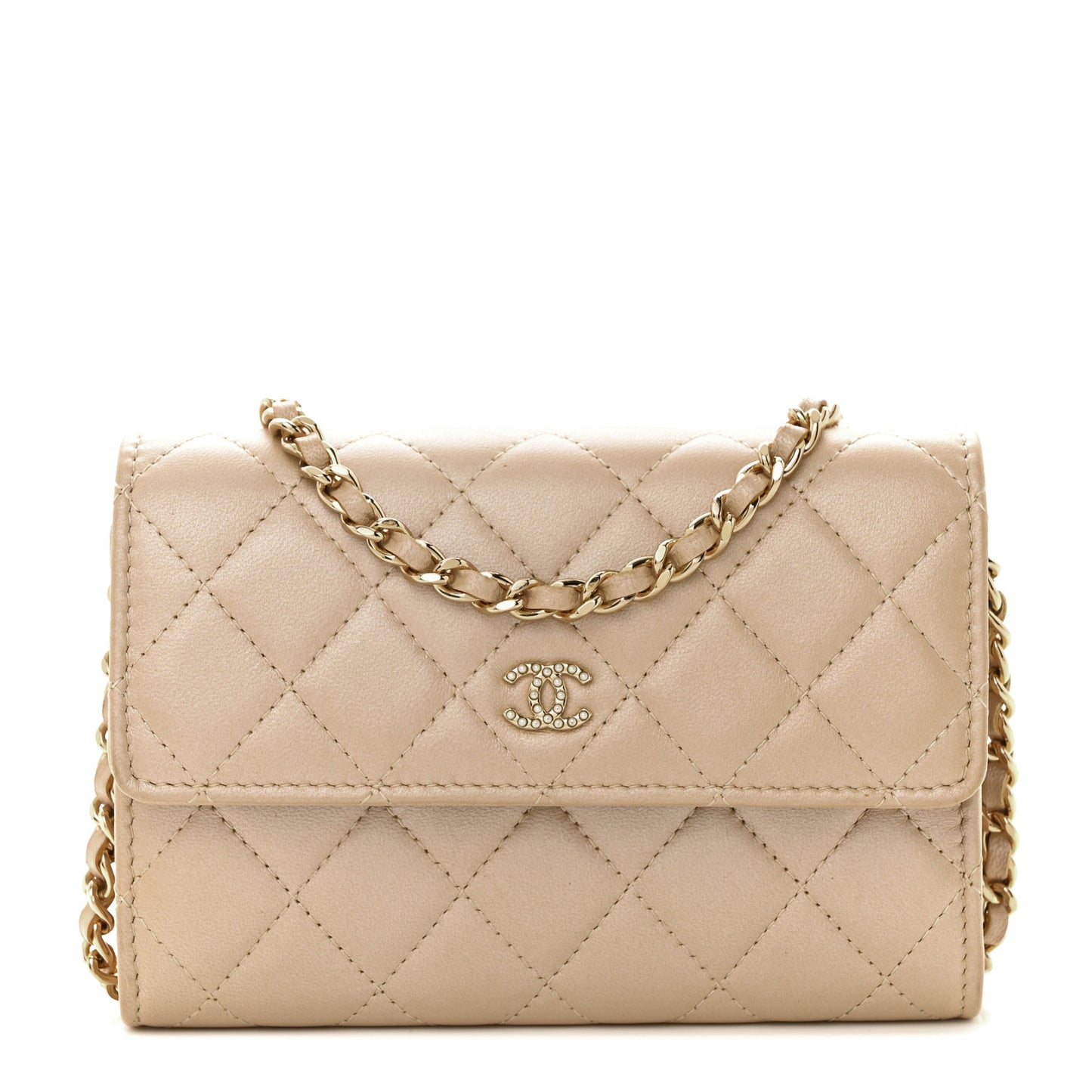 Lambskin Quilted Pearl My Shoulder Mini French Wallet On Chain WOC Light Beige