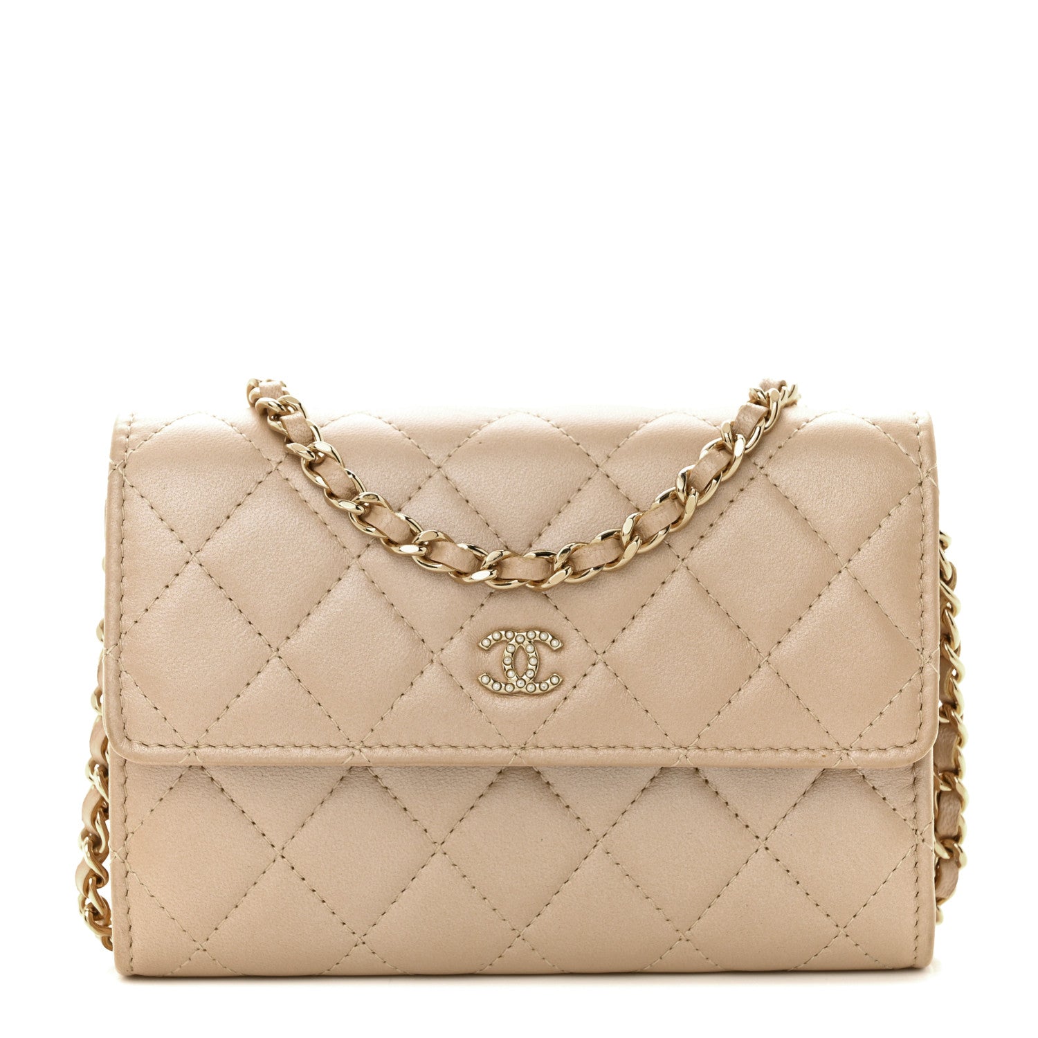 Chanel Lambskin Quilted Pearl My Shoulder Mini French Wallet On Chain WOC Light Beige 1 of 12