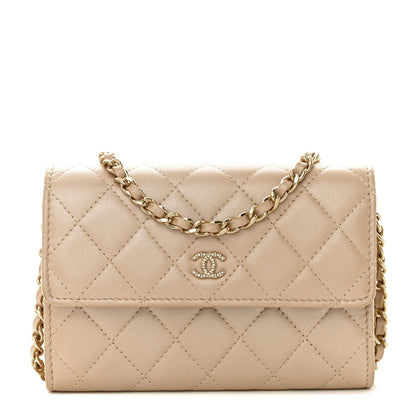 Chanel Lambskin Quilted Pearl My Shoulder Mini French Wallet On Chain WOC Light Beige 1 of 12