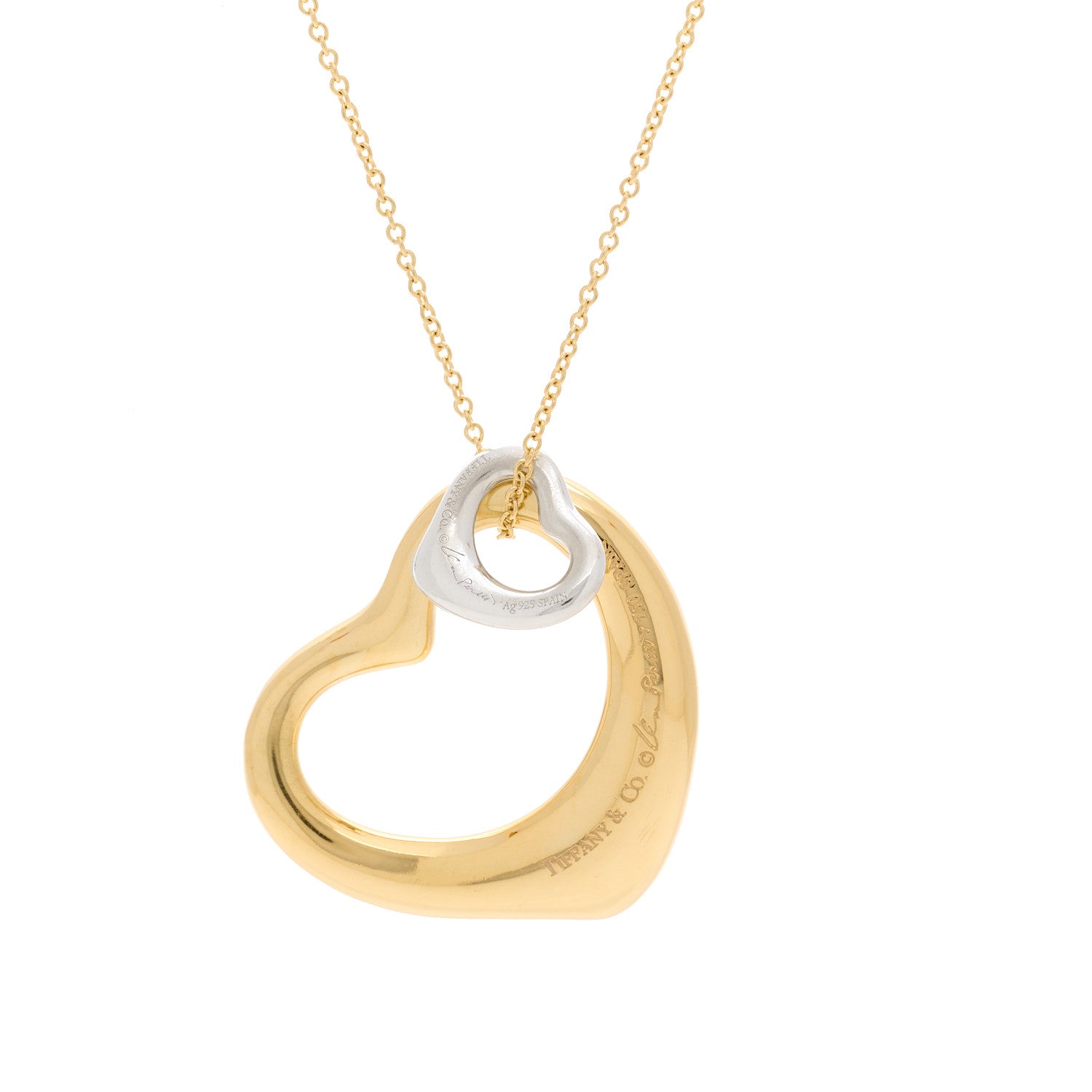 Tiffany 18K Yellow Gold Sterling Silver 27mm Elsa Peretti Double Open Heart Pendant Necklace 4 of 6