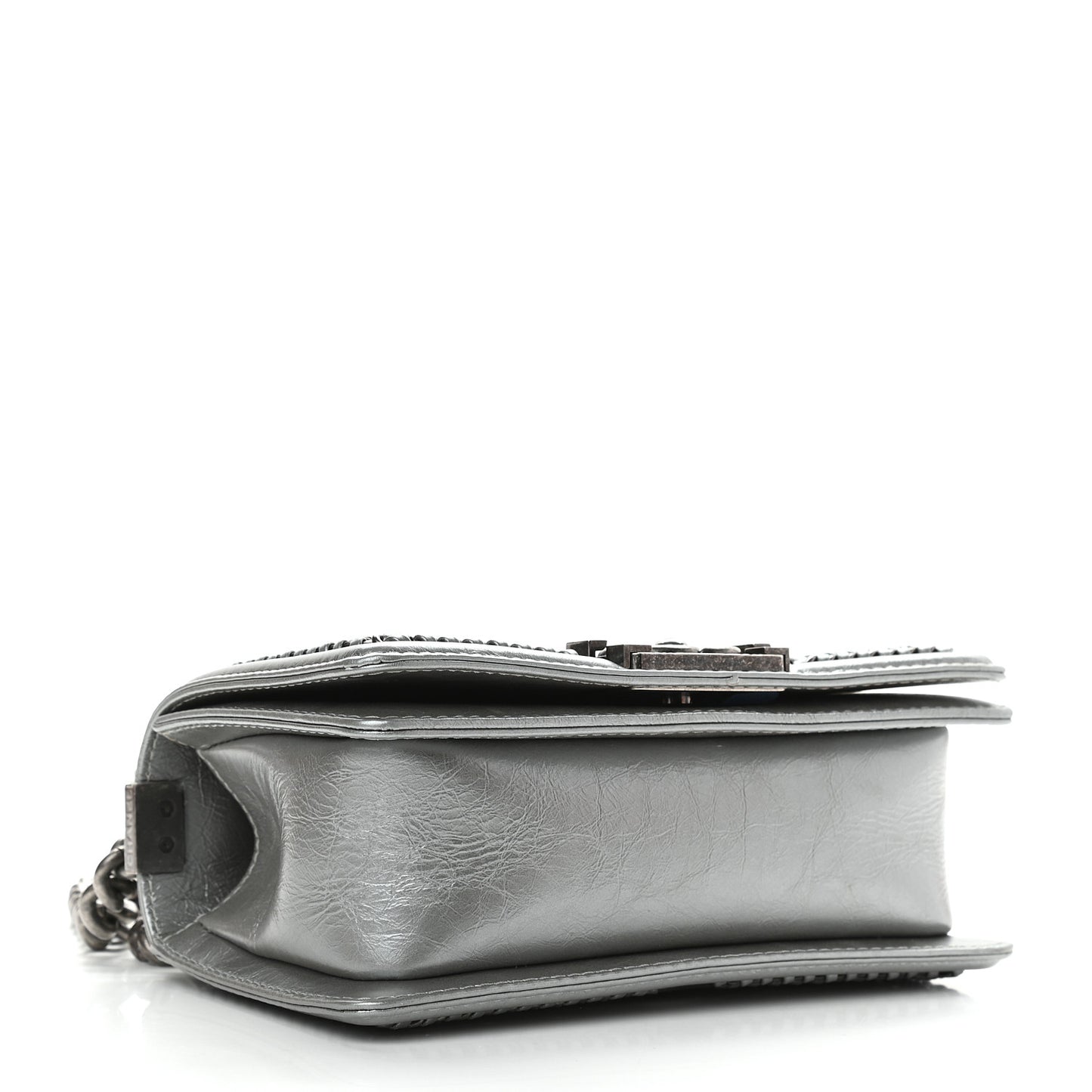 Metallic Aged Calfskin Quilted Small Boy Handle Flap Charcoal
