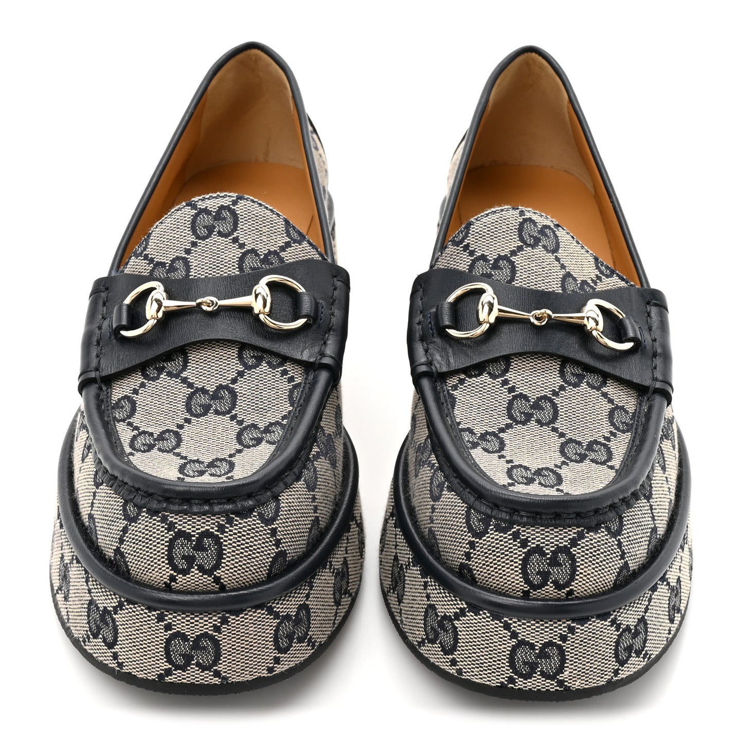 Monogram Horsebit Calfskin Womens Horsebit Wedge Platform Loafers 37.5 Beige Blue