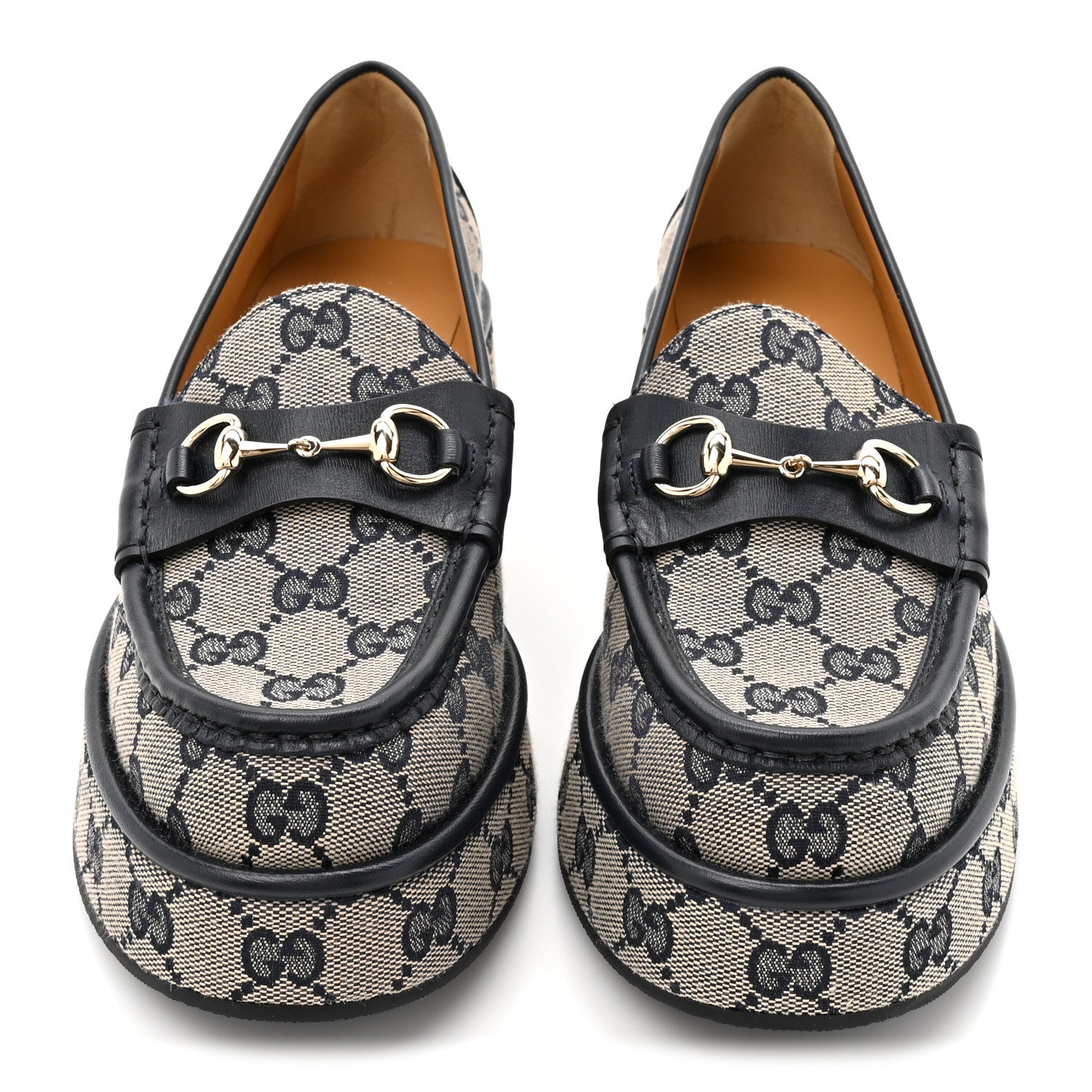 Gucci Monogram Horsebit Calfskin Womens Horsebit Wedge Platform Loafers 37.5 Beige Blue 3 of 10