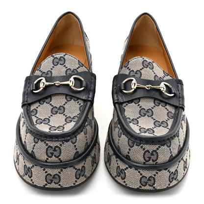 Gucci Monogram Horsebit Calfskin Womens Horsebit Wedge Platform Loafers 37.5 Beige Blue 3 of 10