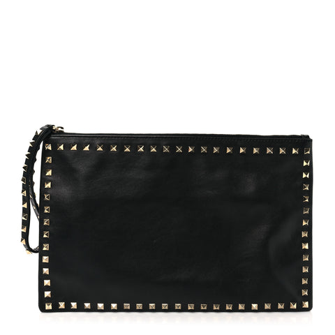 Vitello Large Rockstud Zip Wristlet Pouch Black