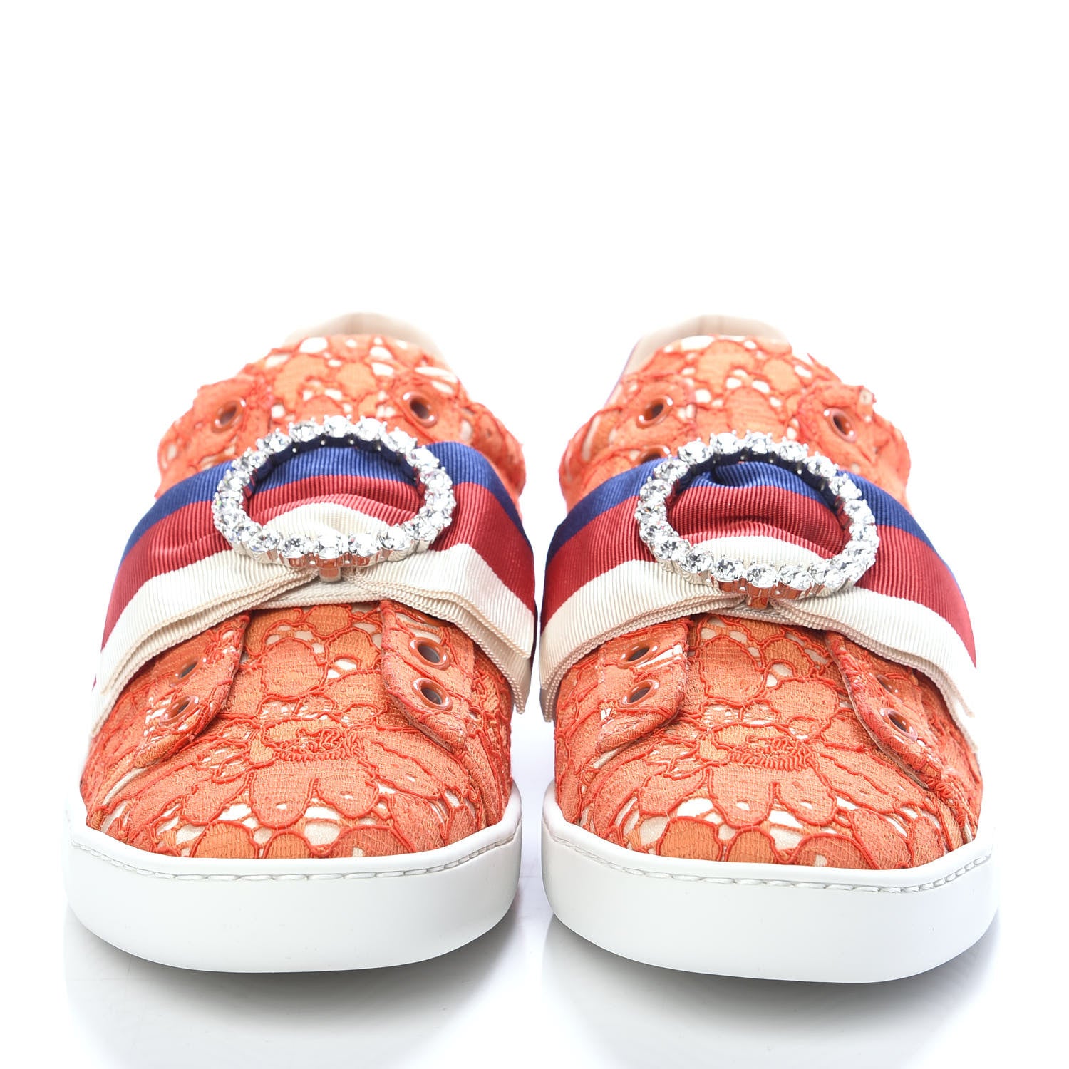 Gucci Lace Crystal Sylvie Web Flower Leaf Womens Ace Sneakers 35.5 Hot Orange Tan Beige 2 of 9