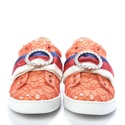 Gucci Lace Crystal Sylvie Web Flower Leaf Womens Ace Sneakers 35.5 Hot Orange Tan Beige 2 of 9