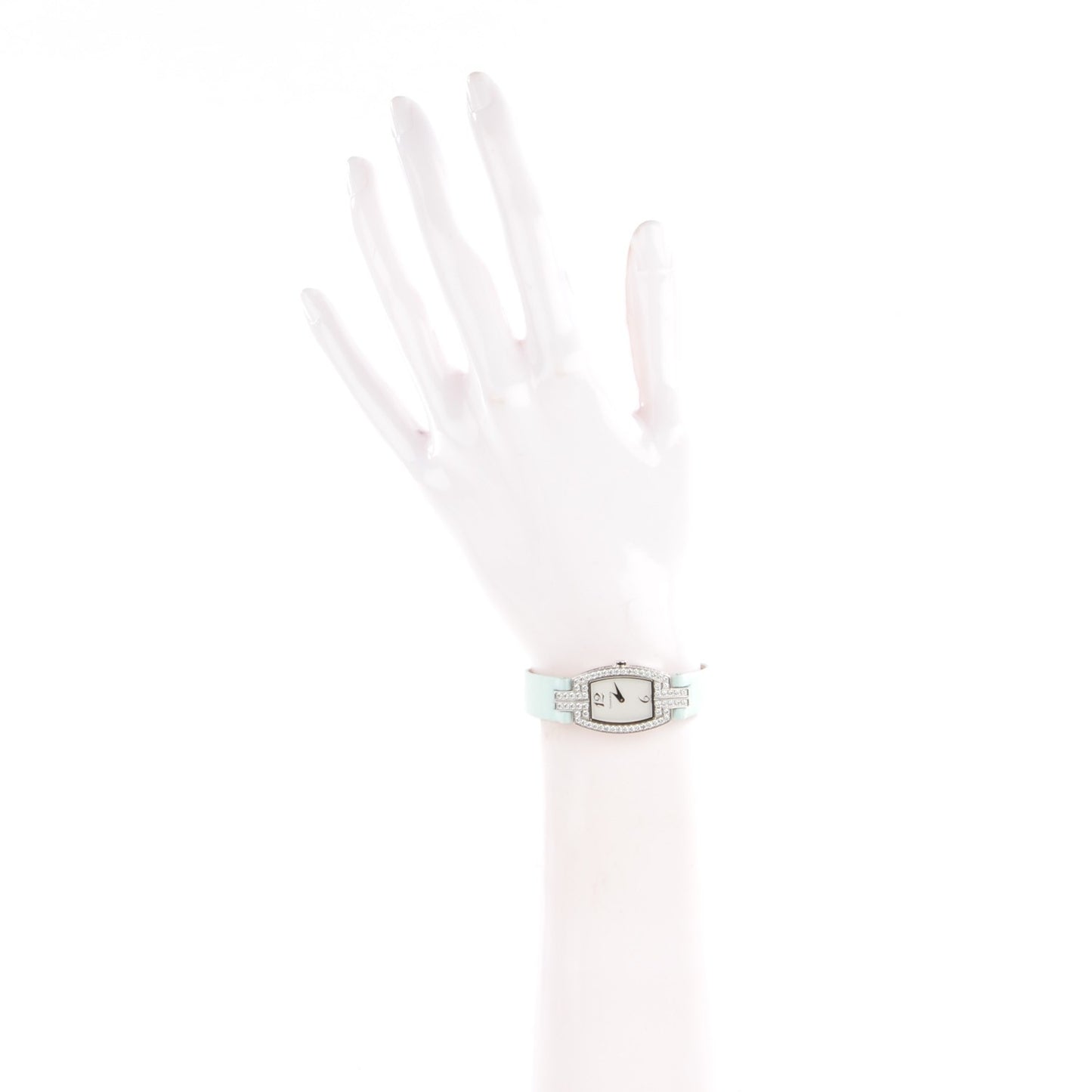 18K White Gold Satin Diamond Bezel 20mm Cocktail Quartz Watch Aqua
