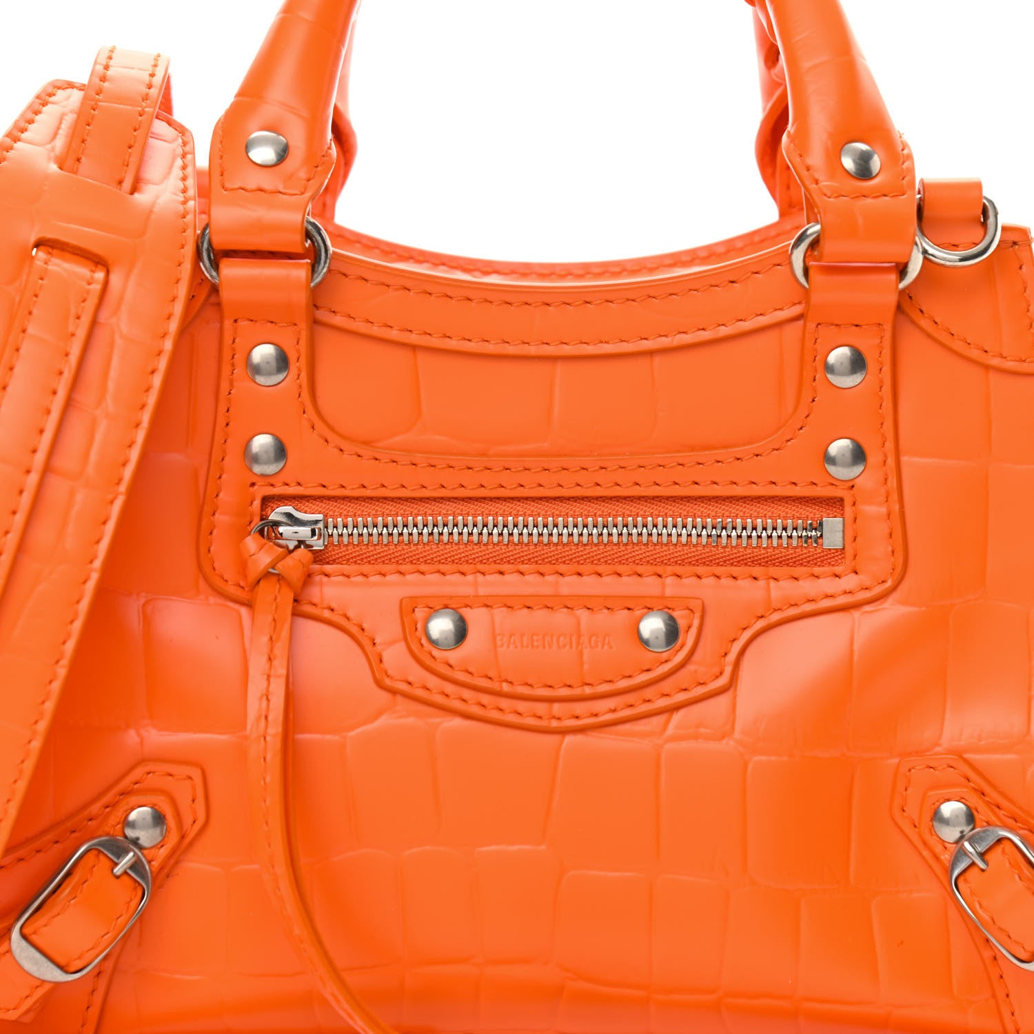 Balenciaga Semi Shiny Calfskin Crocodile Embossed Neo Classic Silver Hardware Mini City Orange 7 of 10