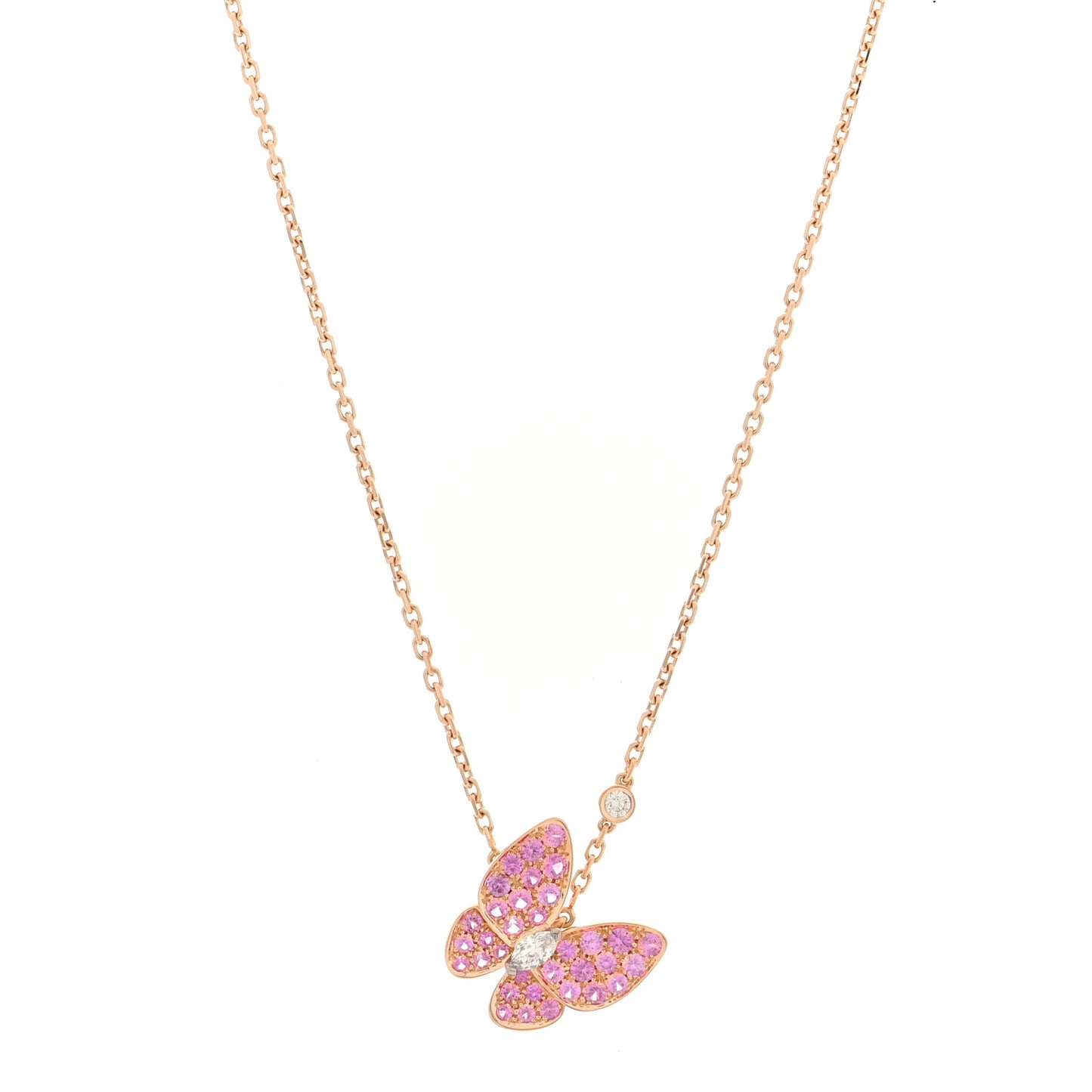 18K Rose Gold Diamond Pink Sapphire Two Butterfly Pendant Necklace
