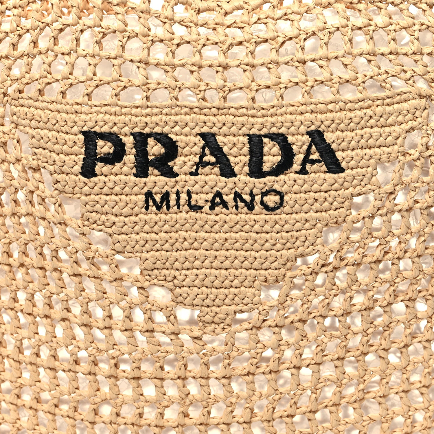 Prada Yarn Raffia Effect Crochet Logo Embroidered Tote Bag Naturale 7 of 9