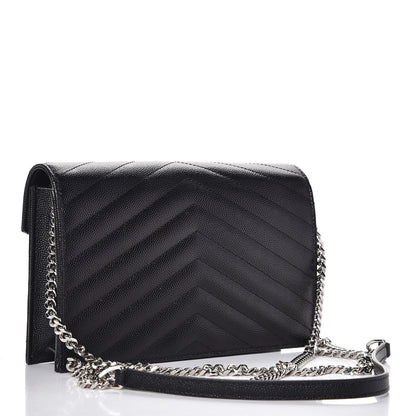 Saint Laurent Grain De Poudre Matelasse Chevron Monogram Envelope Chain Wallet Black 3 of 8