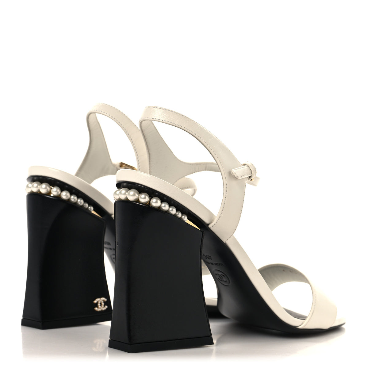 Lambskin Open Toe Pearl Sandal Heels 40 Black