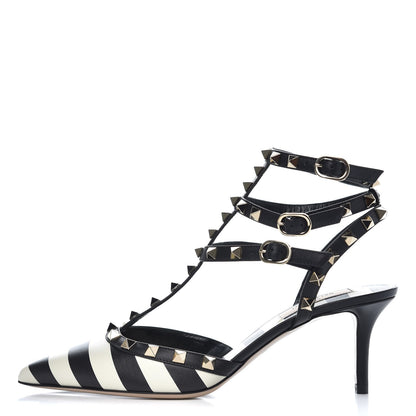 Valentino Garavani Calfskin Striped Rockstud Ankle Strap 65mm Pumps 38 Light Ivory Black 1 of 9