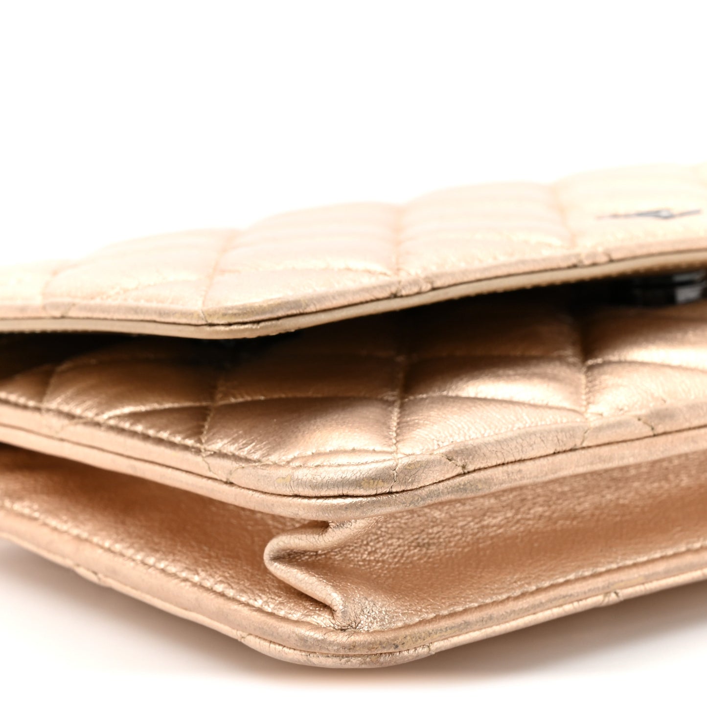 Metallic Lambskin Quilted Wallet On Chain WOC Gold Black