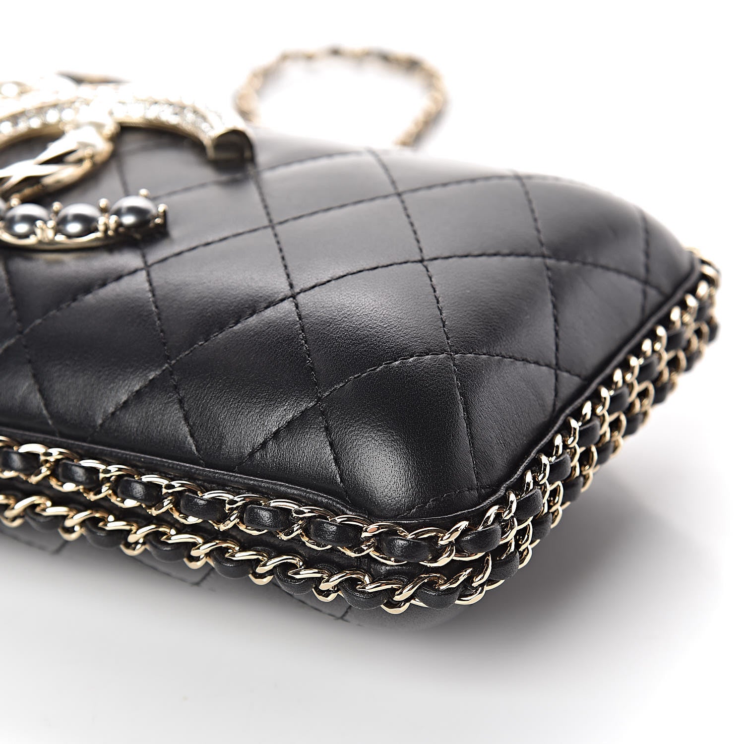 Chanel Lambskin Quilted Pearl Crystal Chain Around Clutch Black 9 of 10