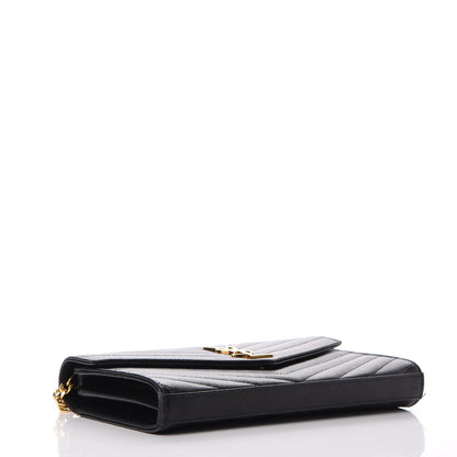 Saint Laurent Grain De Poudre Matelasse Chevron Monogram Chain Wallet Black 4 of 10