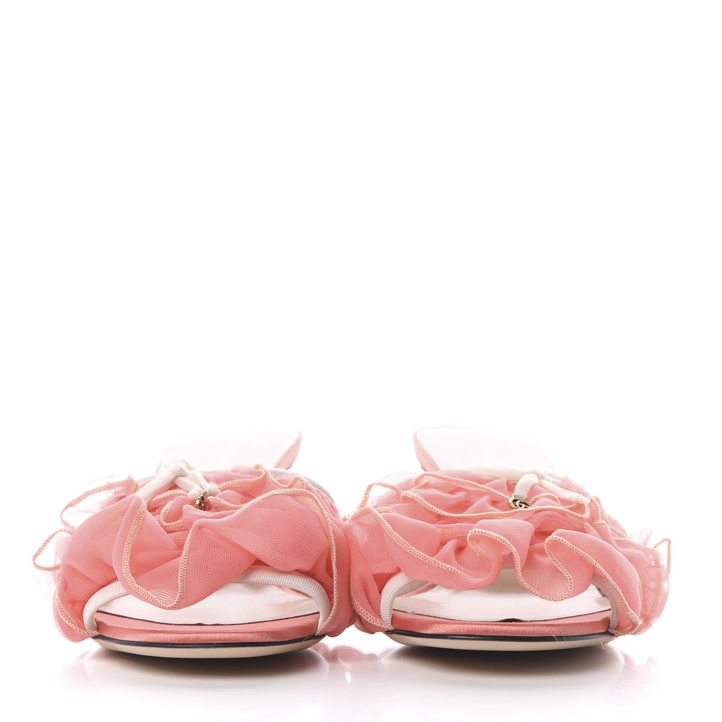 Tulle Ruffle Low Heel Slide Sandals 37.5 Peach White