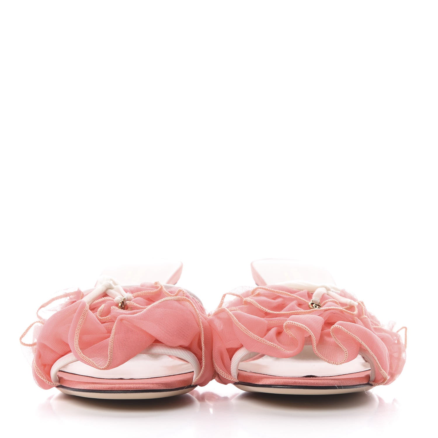 Gucci Tulle Ruffle Low Heel Slide Sandals 37.5 Peach White 2 of 10
