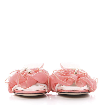 Gucci Tulle Ruffle Low Heel Slide Sandals 37.5 Peach White 2 of 10