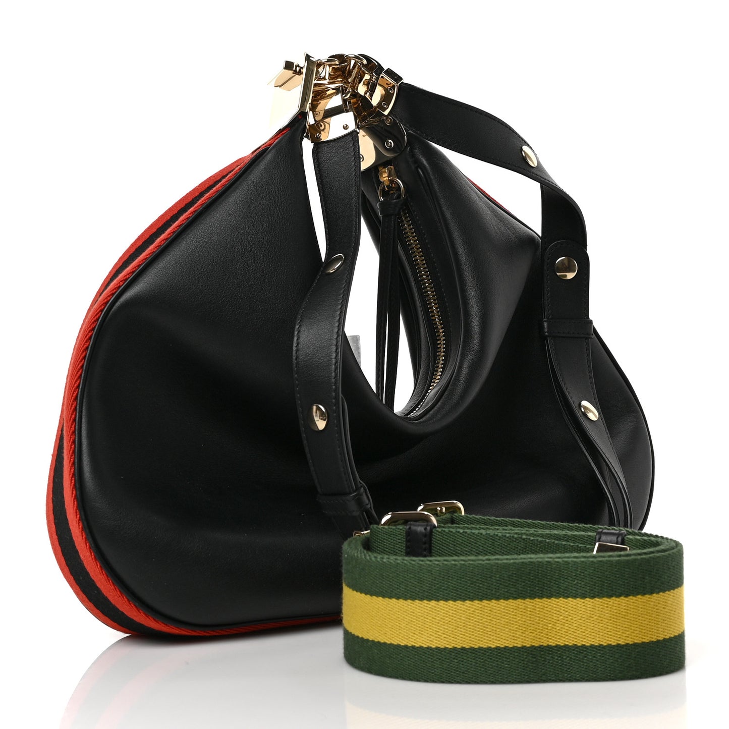 Aria Calfskin Web Large Attache Shoulder Bag Black