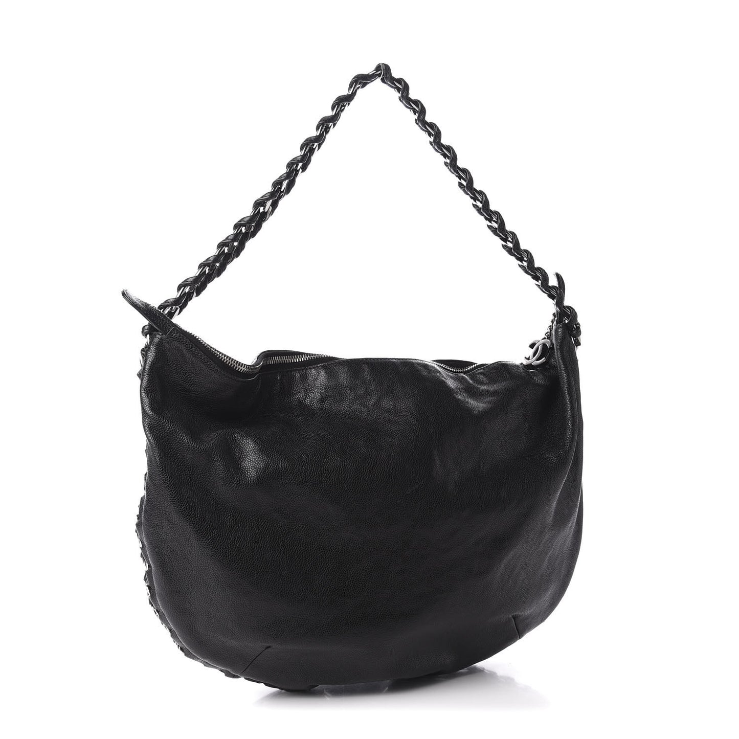 Glazed Caviar Modern Chain Hobo Black