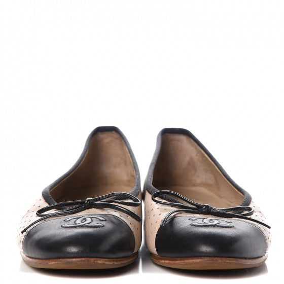 Chanel Lambskin Perforated Cap Toe Ballerina Flats 36 Beige Black 2 of 10