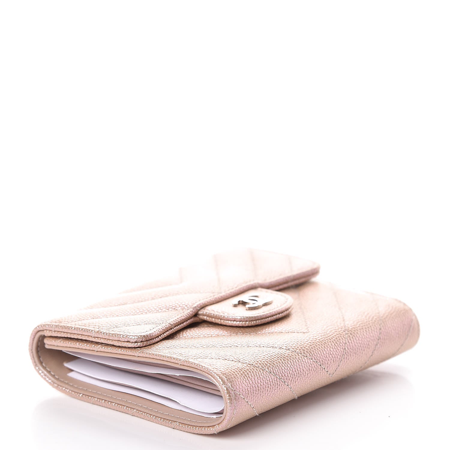 Chanel Metallic Caviar Chevron Quilted Compact Flap Wallet Light Gold 4 of 9