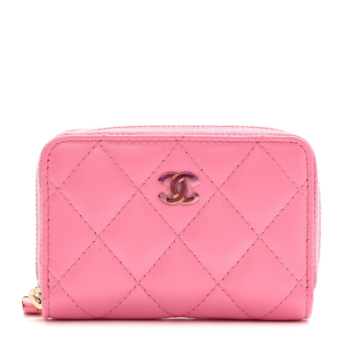 Lambskin Quilted Zip Around Coin Purse Wallet Pink Yellow