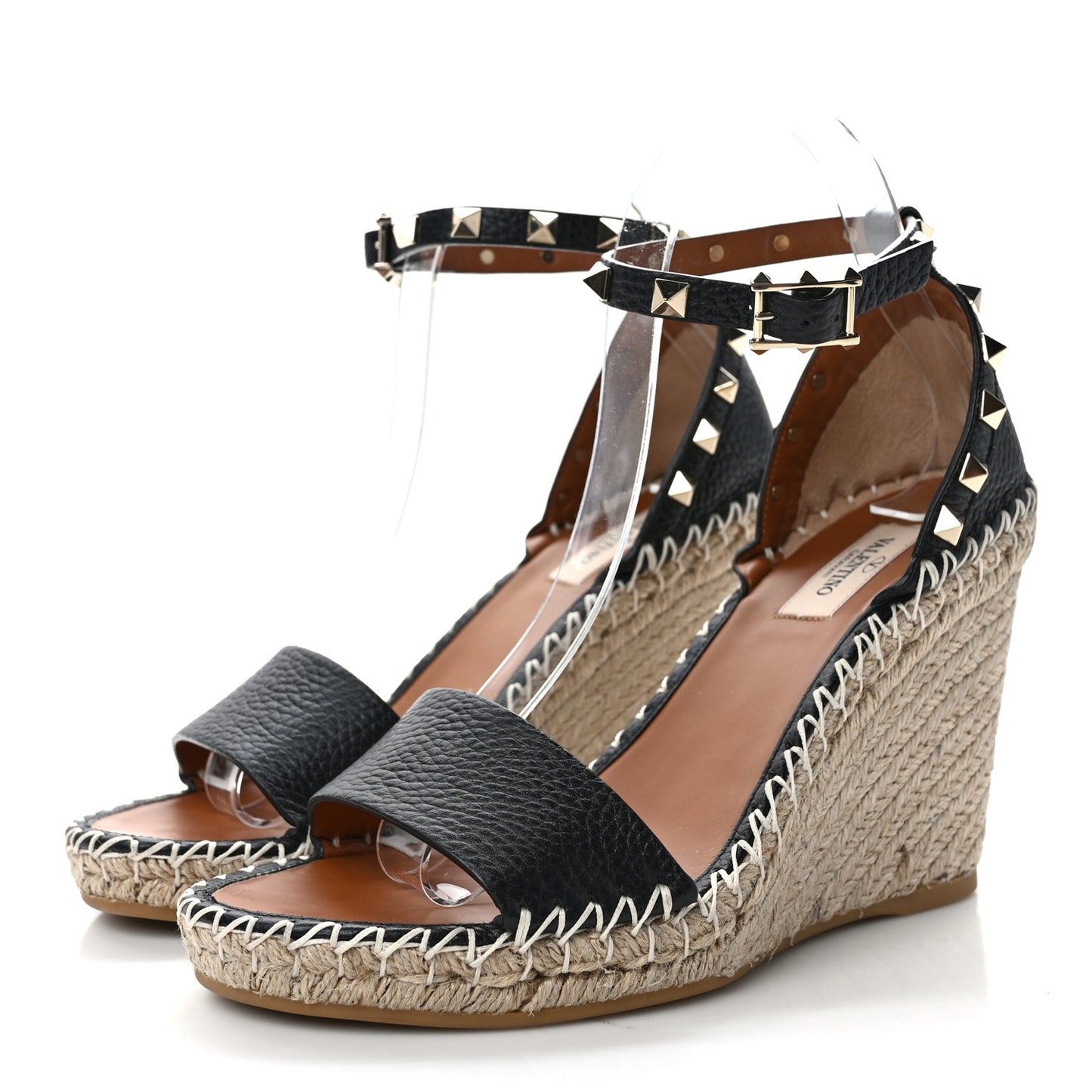 Grained Calfskin Rockstud Ankle Strap Espadrille 15/105mm Wedge Sandals 38 Poudre Black