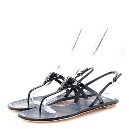 Prada Vernice Metal Triangle Logo Slingback Flat Thong Sandals 38 Navy 4 of 8