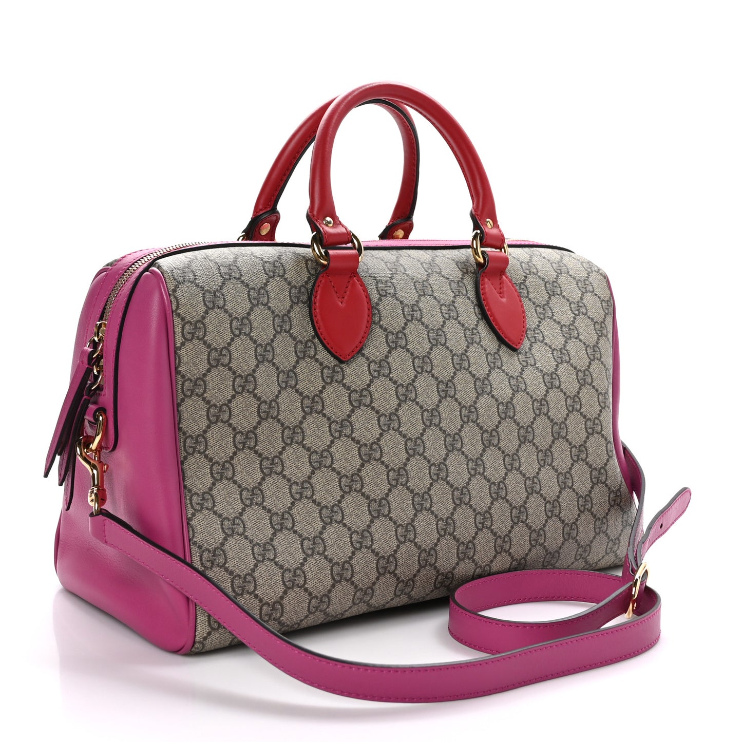 GG Supreme Monogram Medium Boston Beige Hibiscus Red New Rosette