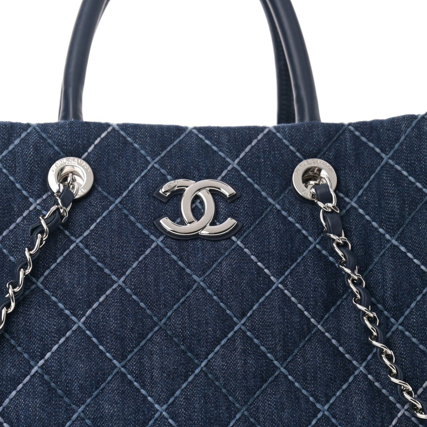 Denim Quilted Large Coco Handle Shopping Tote Blue