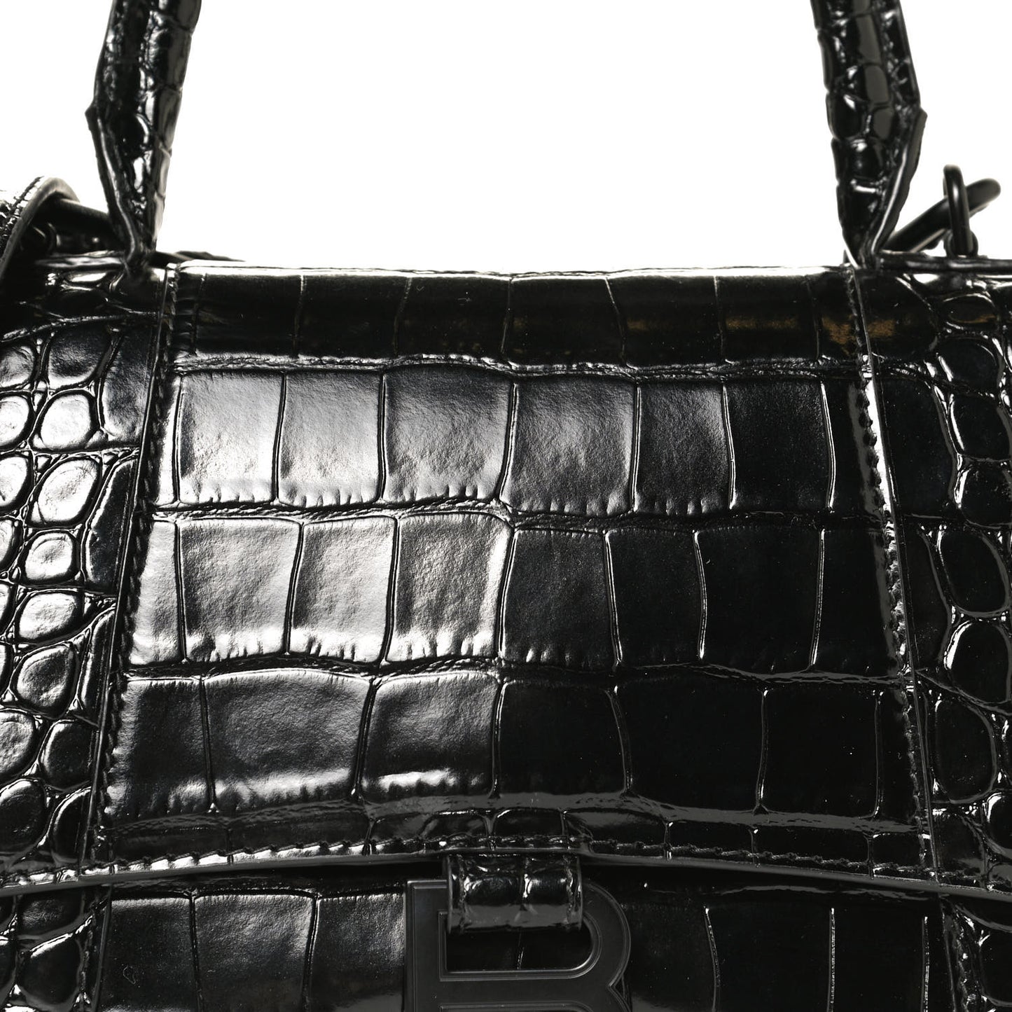 Shiny Calfskin Monochrome Crocodile Embossed Small Hourglass Top Handle Bag Black