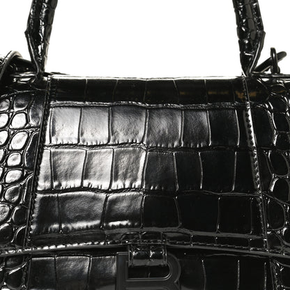 Balenciaga Shiny Calfskin Monochrome Crocodile Embossed Small Hourglass Top Handle Bag Black 8 of 10