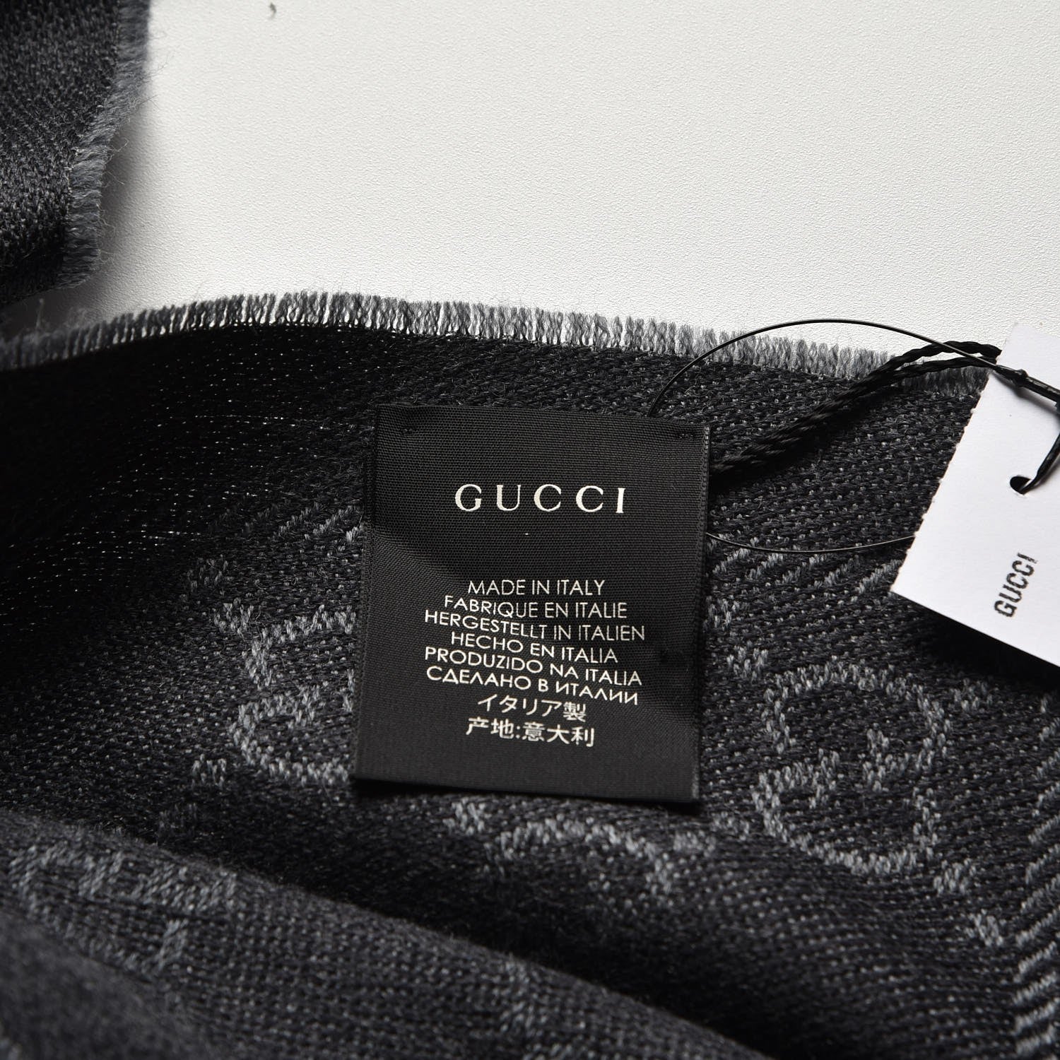Gucci Wool Jacquard GG Monogram Sten Fringe Scarf Anthracite Black 4 of 4