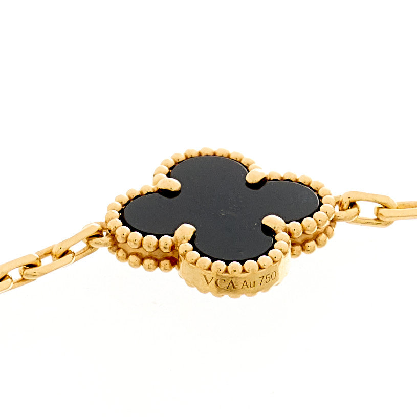 18K Yellow Gold Black Onyx 5 Motifs Vintage Alhambra Bracelet