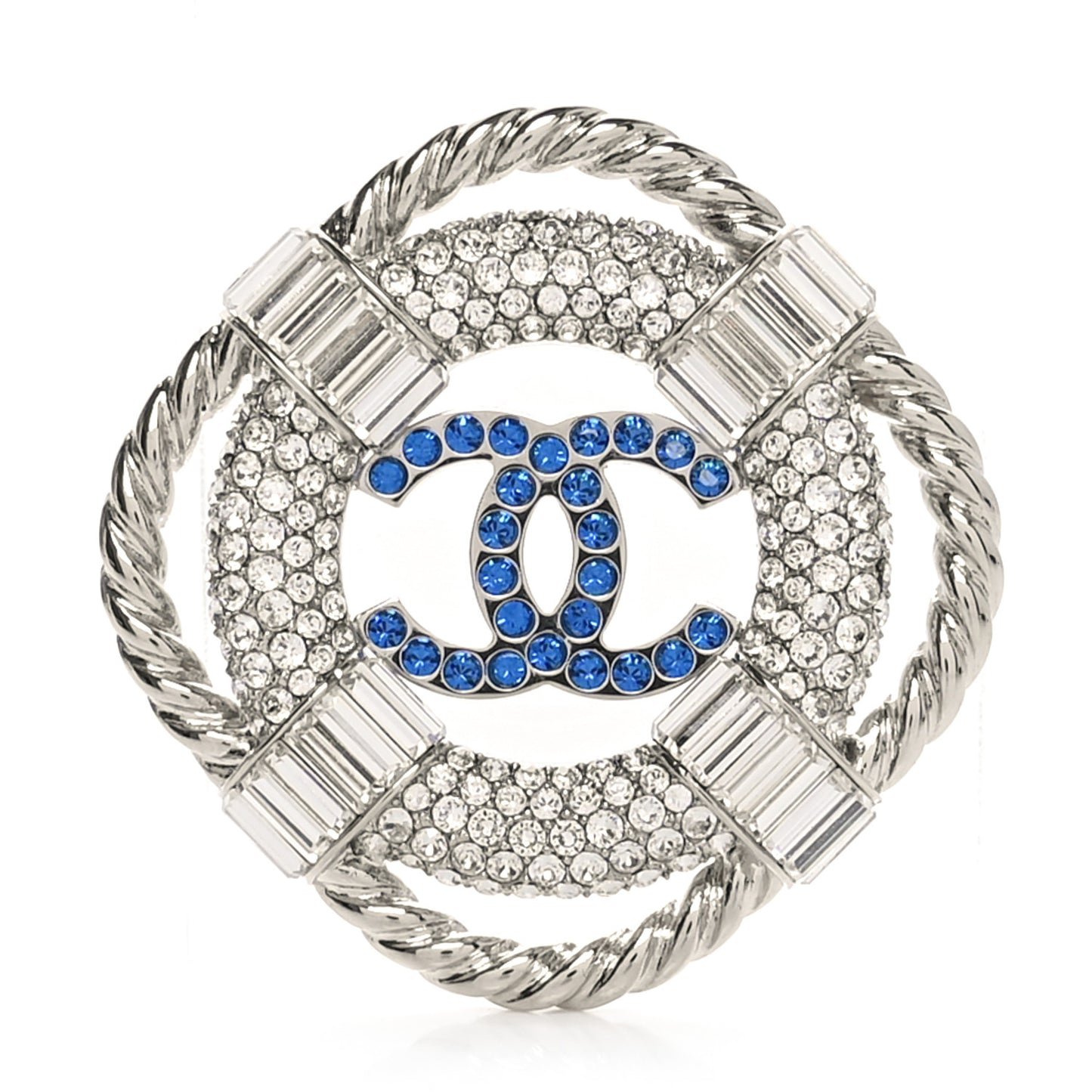Crystal CC Lifesaver Pin Brooch Silver Blue