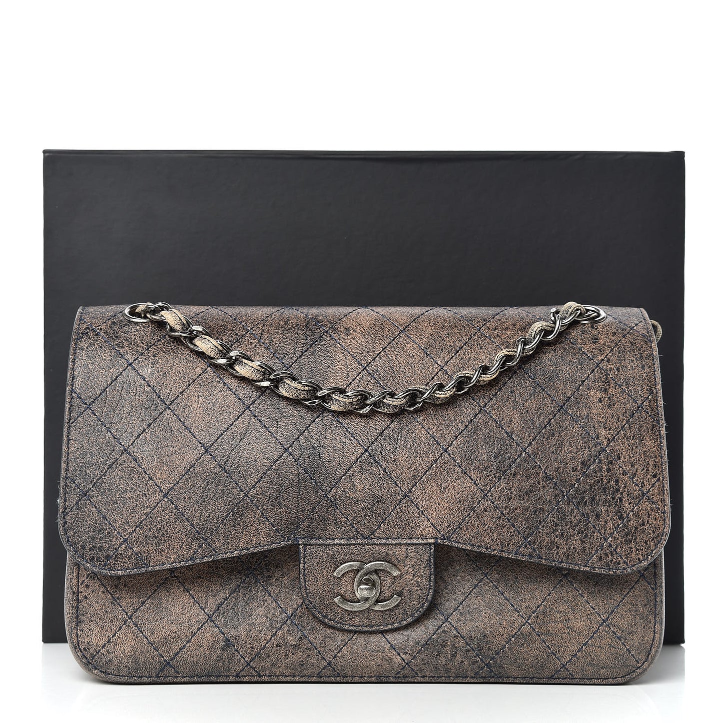Calfskin Stitched Jumbo Double Flap Brown Blue