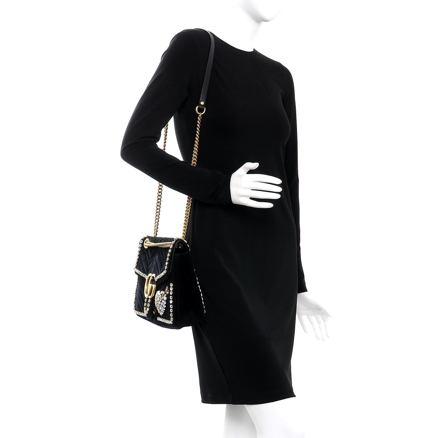 Velvet Matelasse Crystal Medium GG Marmont Shoulder Bag Black