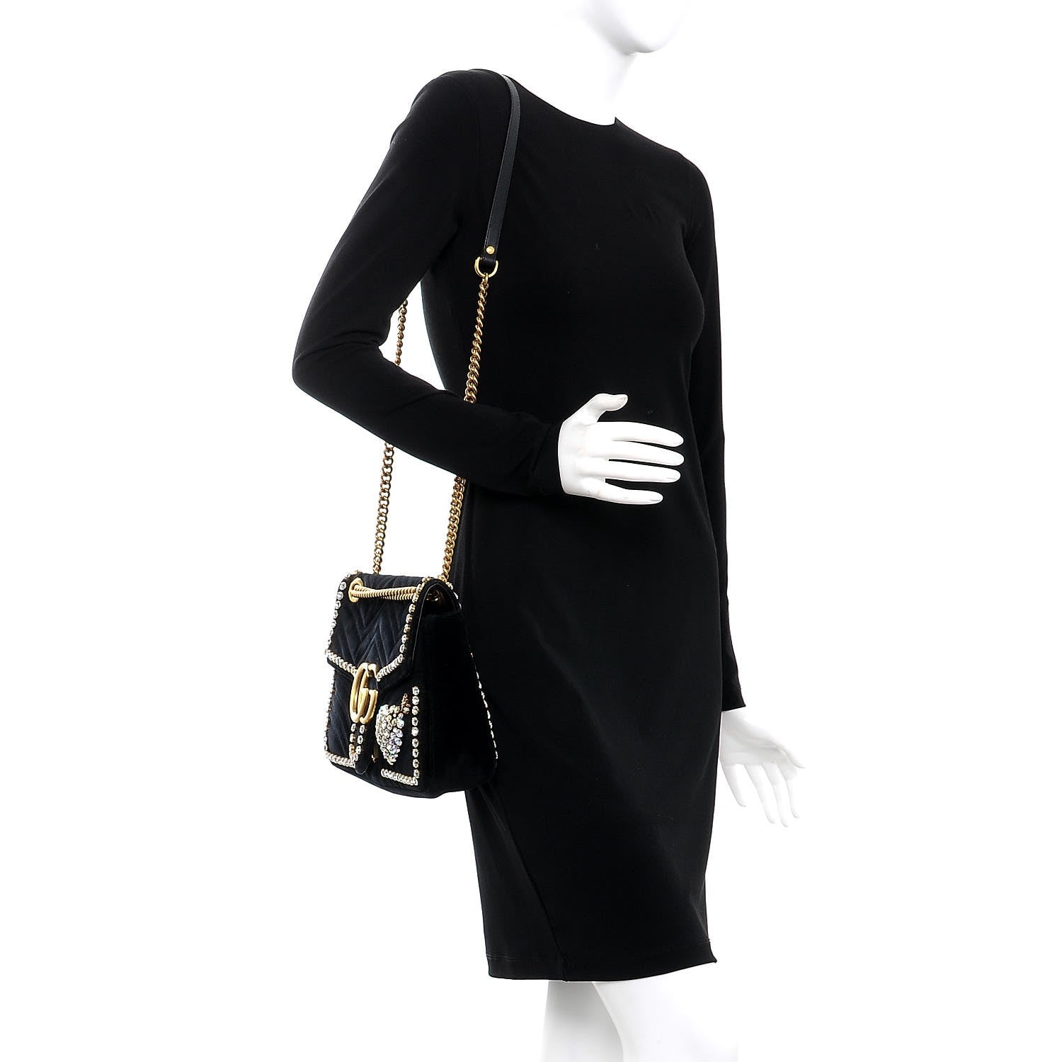 Gucci Velvet Matelasse Crystal Medium GG Marmont Shoulder Bag Black 2 of 9