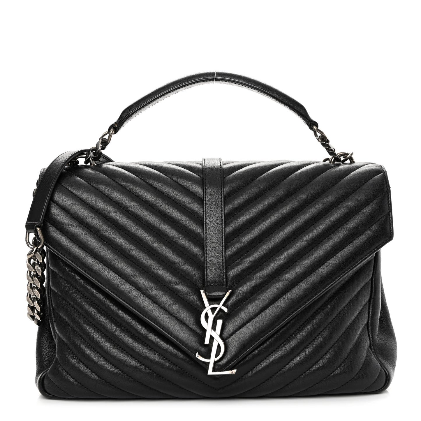 Sheepskin Matelasse Chevron Monogram Large College Satchel Black