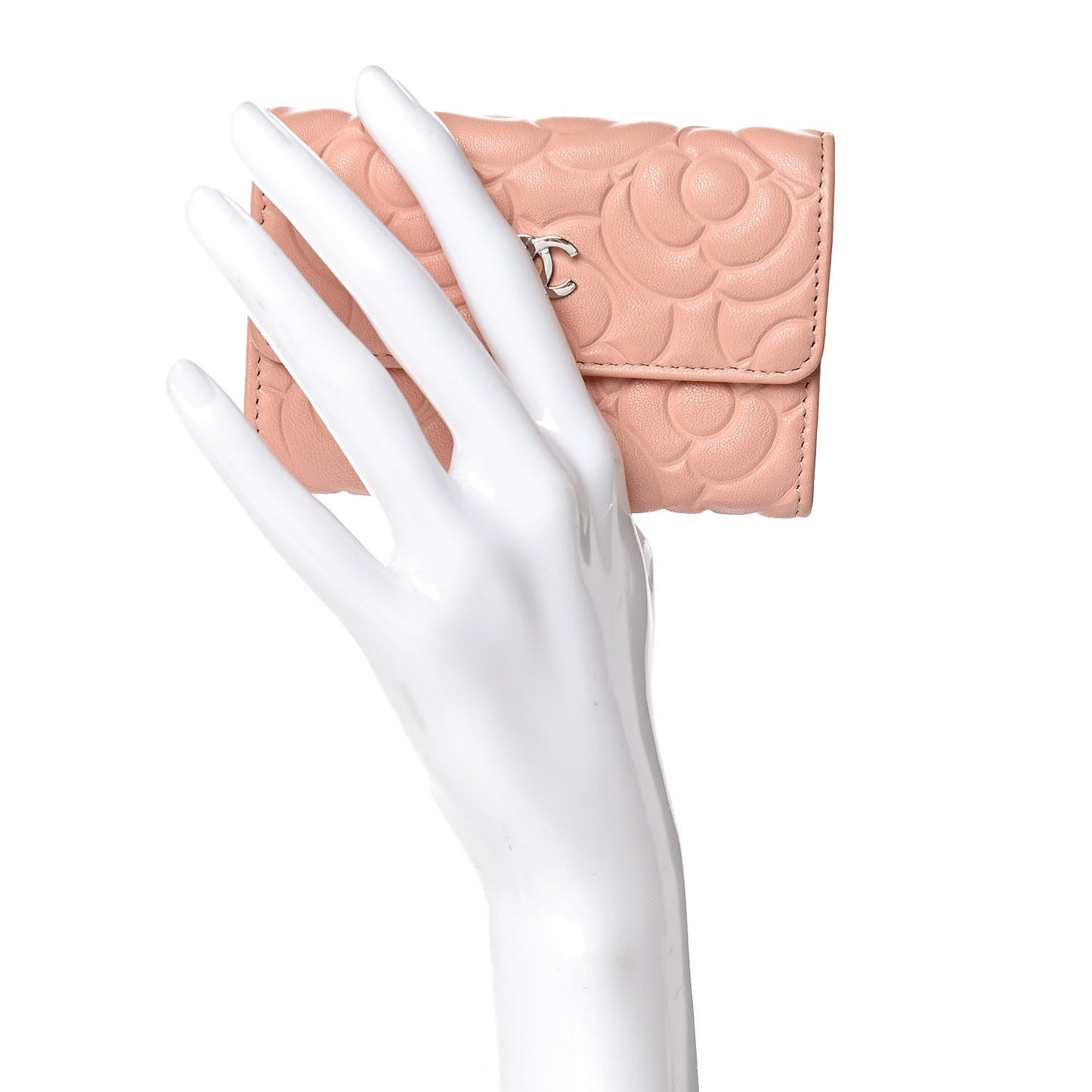 Goatskin Camellia Embossed Card Holder Wallet Light Pink