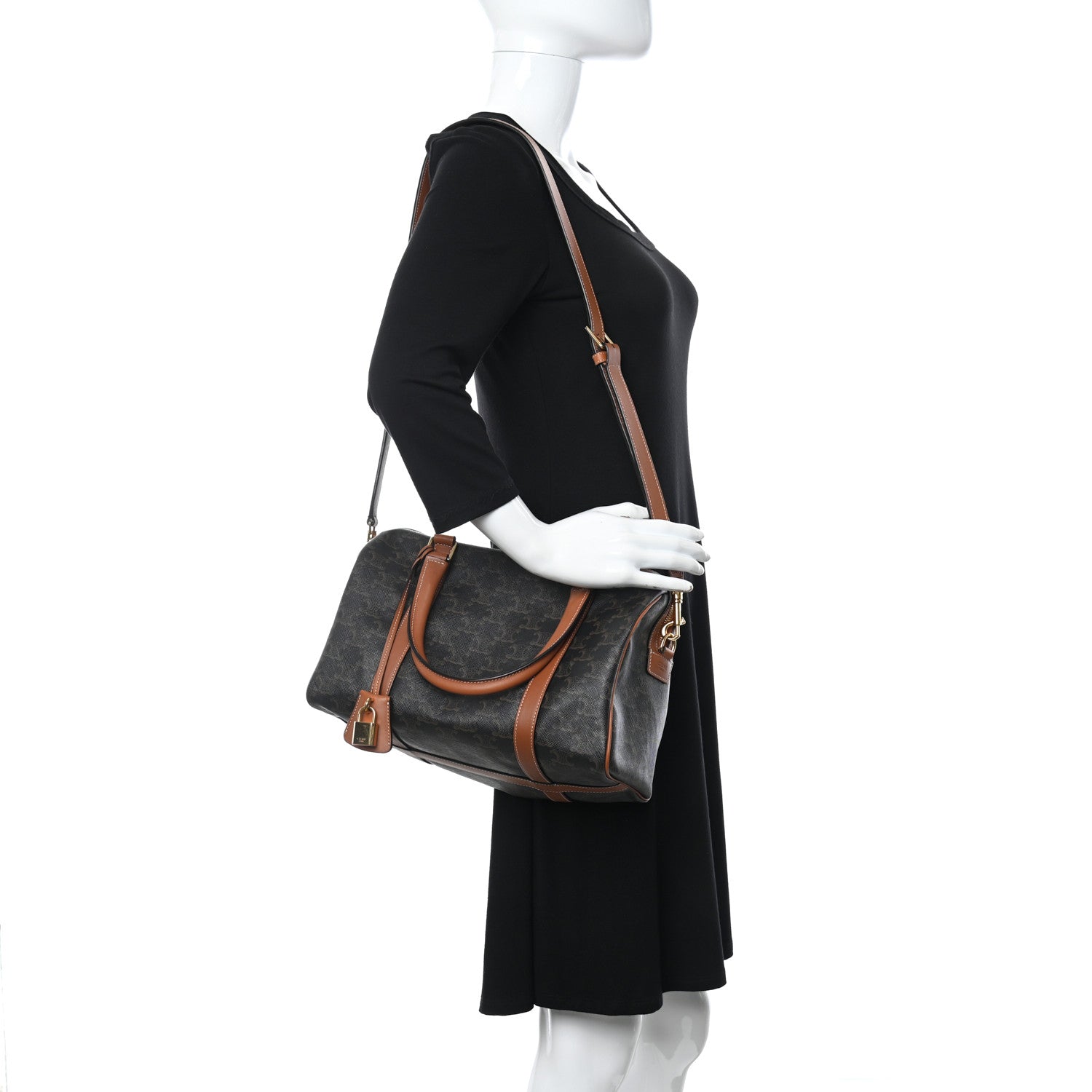 Celine Triomphe Canvas Calfskin Boston Bag Tan 2 of 22