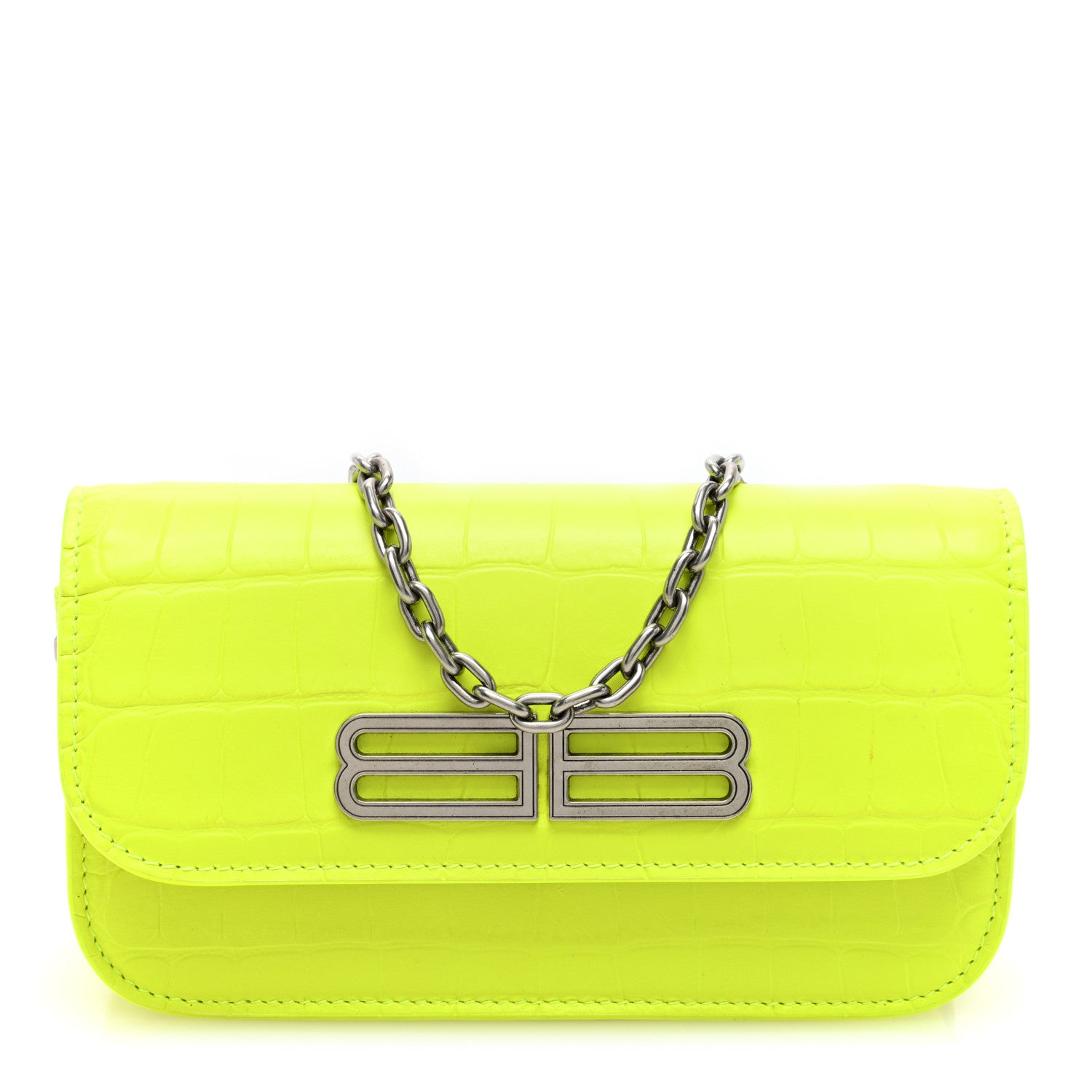 Balenciaga Extra Supple Calfskin Crocodile Embossed Gossip Wallet On Chain Fluo Yellow 1 of 10