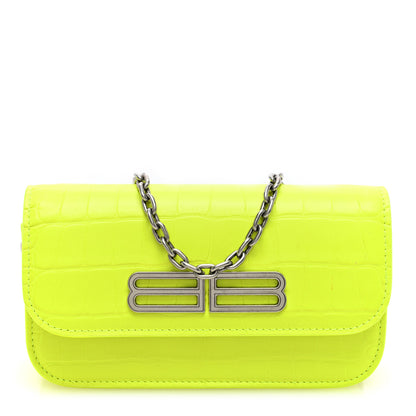 Balenciaga Extra Supple Calfskin Crocodile Embossed Gossip Wallet On Chain Fluo Yellow 1 of 10