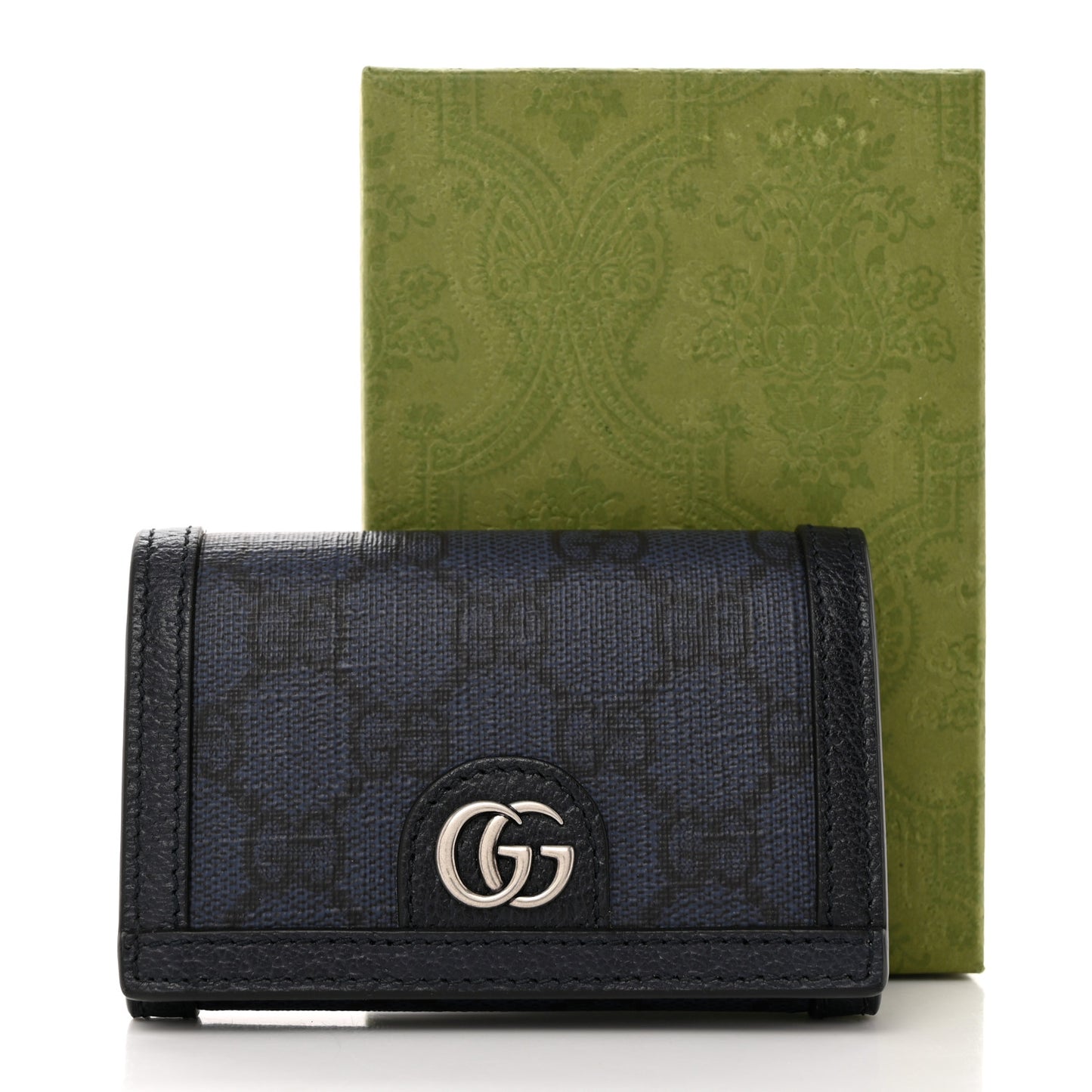 GG Supreme Monogram Textured Dollar Calfskin Card Case Blue Dark Blue